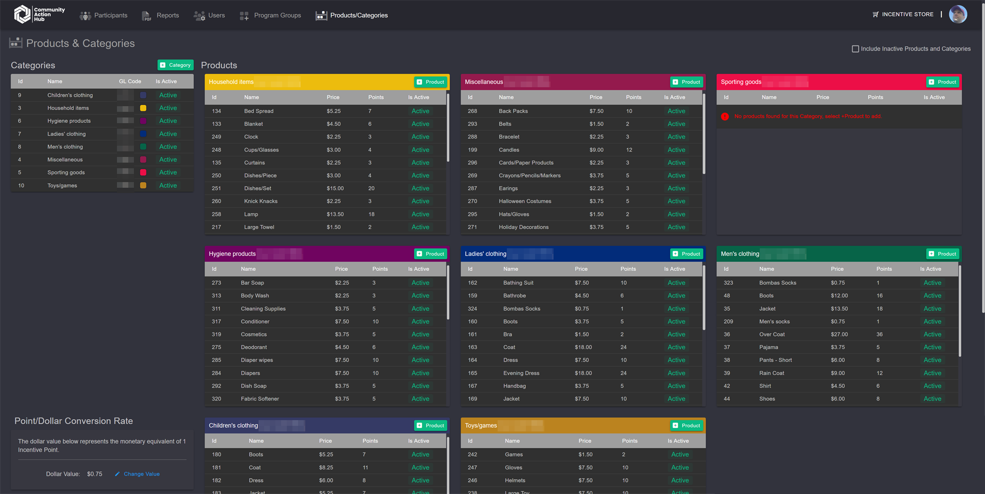 The Products and Categories screen: a category list with accounting codes on the left, colour-coded product panels giving each item a price and a point cost, and the point-to-dollar conversion rate set at the bottom.