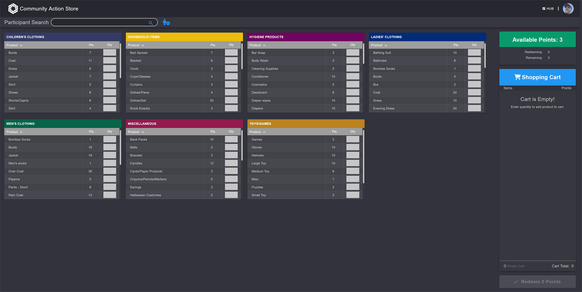 The Community Action Store: product categories shown as colour-coded panels with a point cost and quantity box for each item, a participant search across the top, and a running points balance and cart down the right.