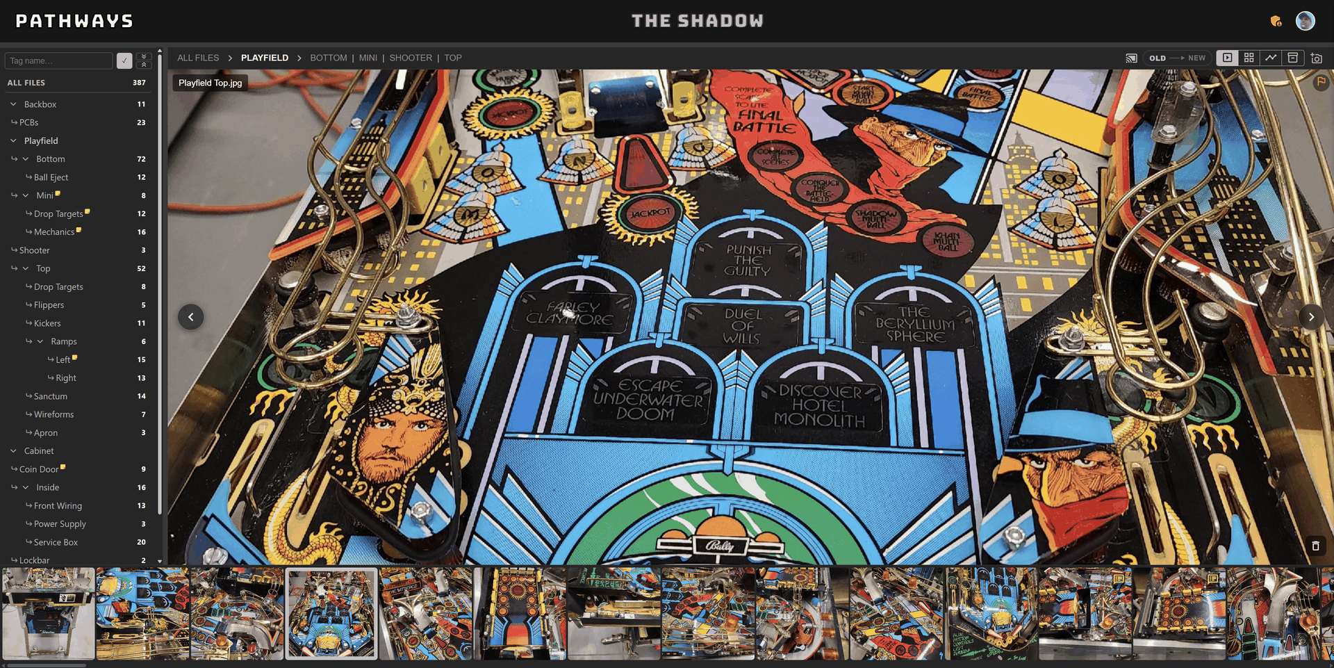 The Pathways workspace: a nested tag tree of assemblies down the left, a tagged playfield photograph in the center, and the rest of the project's captures along the bottom.