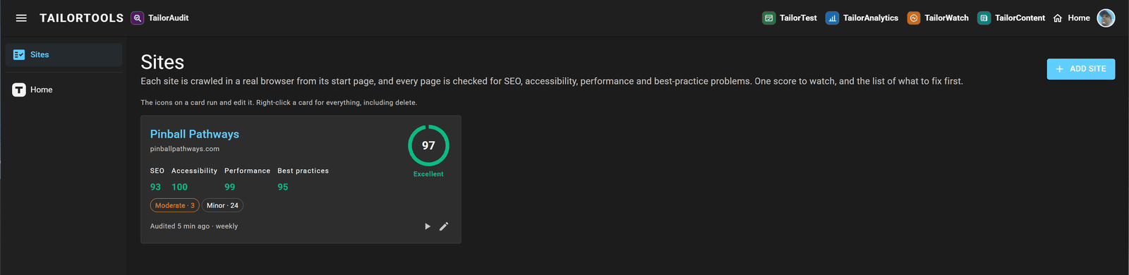 TailorAudit listing an audited site with SEO, accessibility, performance and best-practice scores, an overall rating and a count of issues to fix.