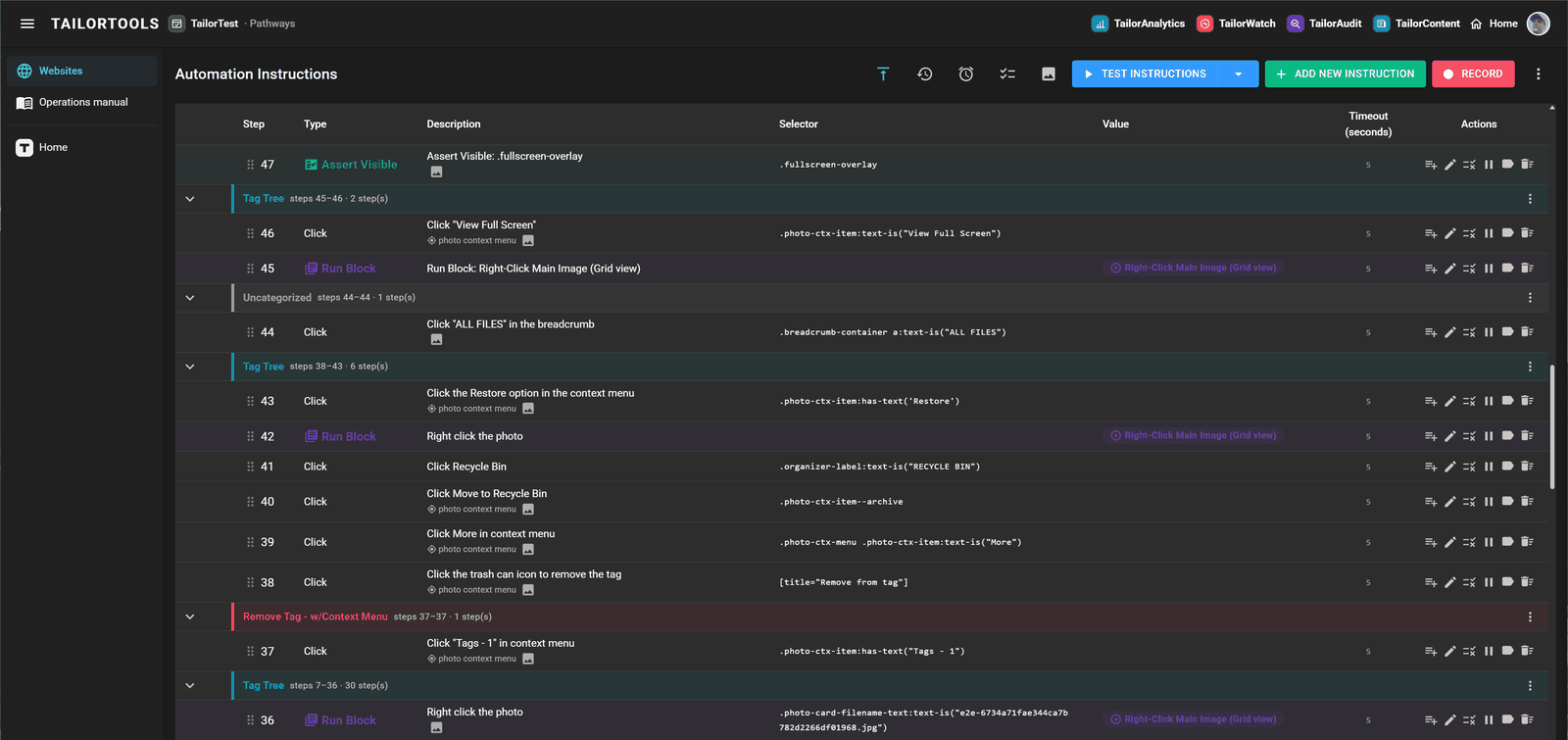 TailorTest showing the automation instructions for one site: numbered steps with their type, description, selector and timeout, grouped into reusable blocks.